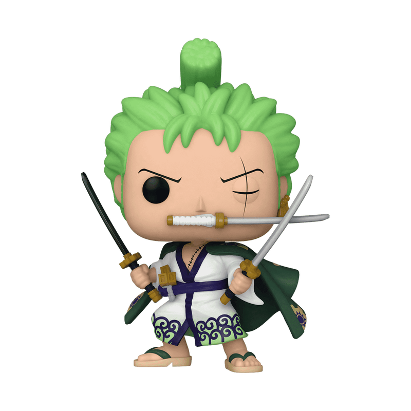Funko POP! One Piece: Roronoa Zoro (#923) vinyl figure by Funko, featuring the green-haired swordsman in a white robe with green trim and sandals, striking a battle pose with three swords.