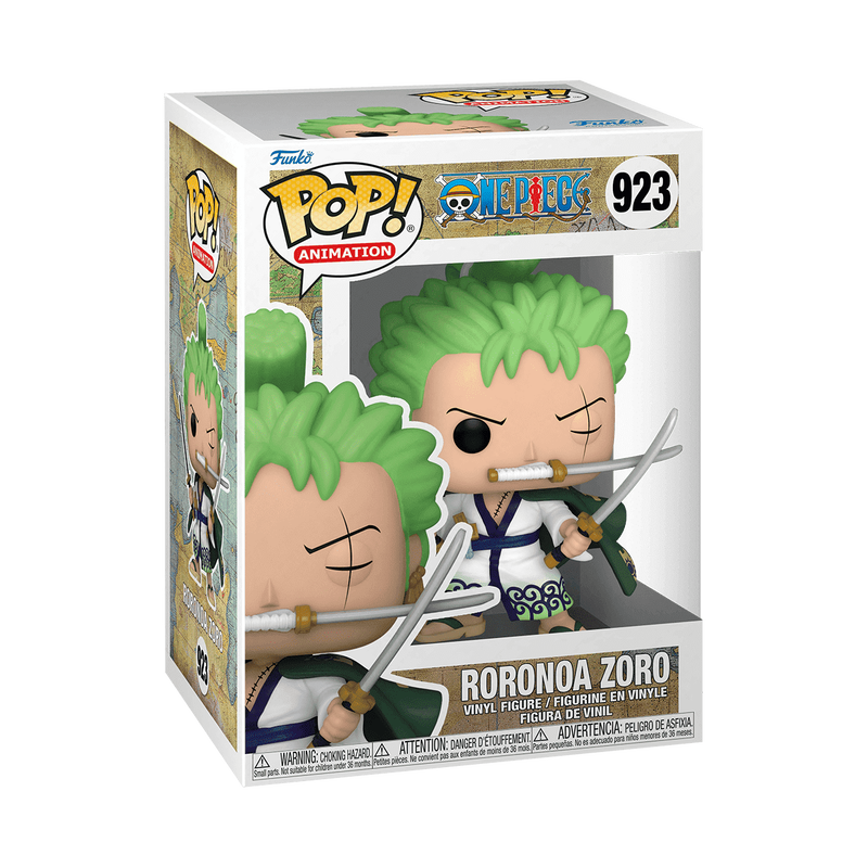 Funko POP! One Piece: Roronoa Zoro (#923) vinyl figure by Funko, featuring the green-haired swordsman in a white robe with green trim and sandals, striking a battle pose with three swords.