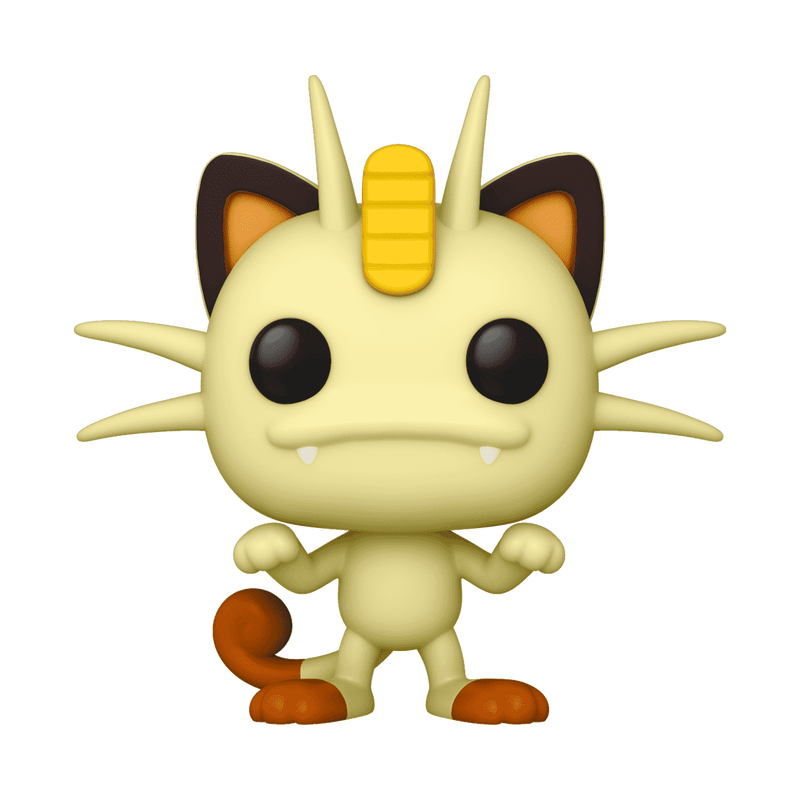 The Funko POP! Pokemon: Meowth - #780 vinyl figure by Funko is ideal for any Pokémon samlerfigur collection, showcasing the cream-colored cat Pokémon with large black eyes, whiskers, a curled tail, and a gold coin on its forehead, standing on two legs against a white background.