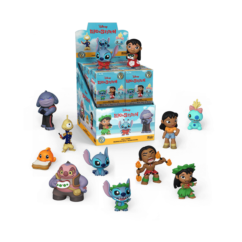 A display box of Funko POP! Disney: Lilo & Stitch Mystery Minis surrounded by several assorted character figurines.