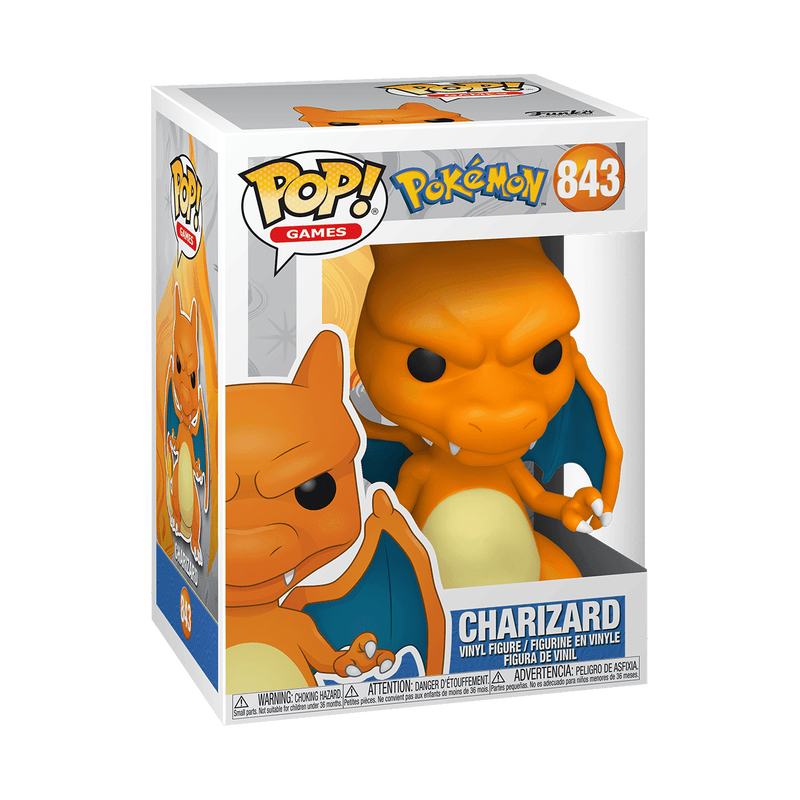 The Funko POP! Pokemon: Charizard (#843) by Funko is a vinyl figure featuring Charizard, the iconic orange dragon with blue wings, cream-colored belly, and a flame at the tip of its tail, depicted in a battle-ready pose.