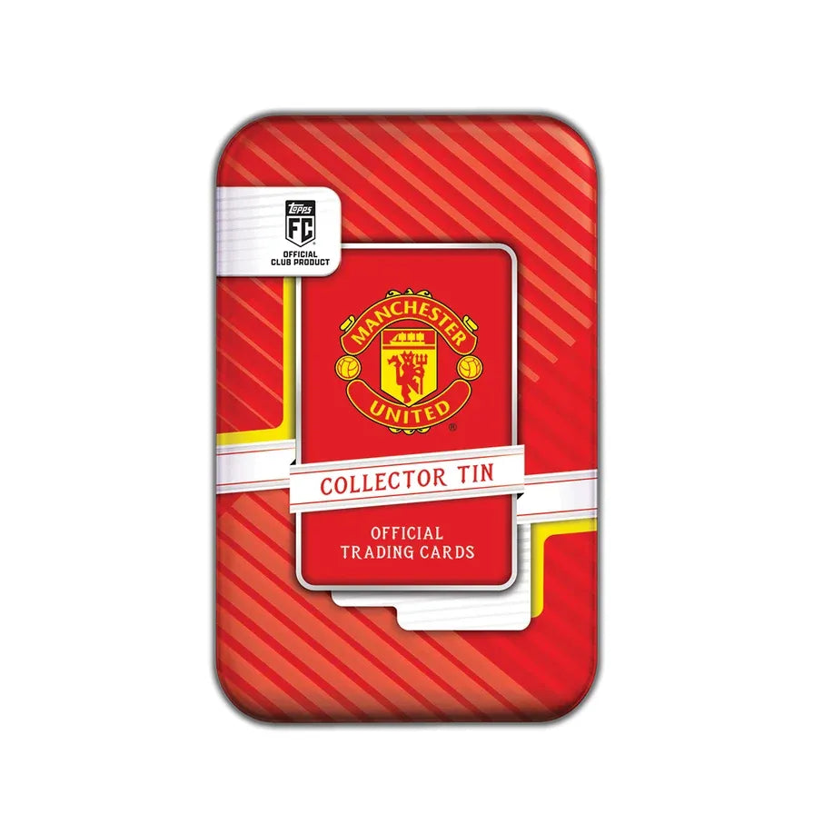 The Topps Collector Tin 2026/27 Manchester United is a red and black tin box featuring the club logo and includes 35 official trading cards, with 2 sequentially numbered parallels per tin.