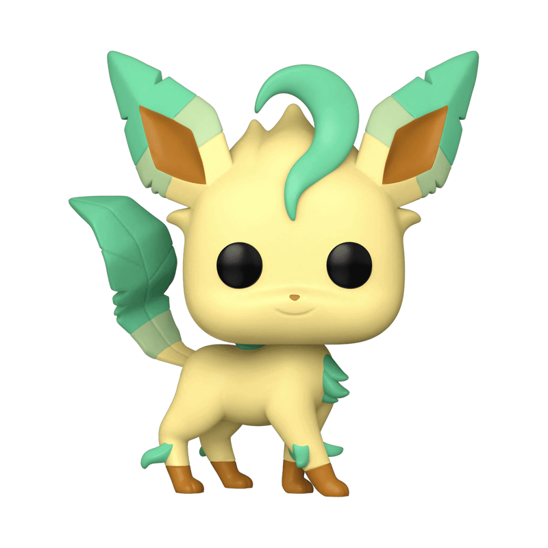 The Funko POP: Leafeon - 866 by Funko is a vinyl figure featuring Leafeon, a Pokémon with yellow-cream fur, green leafy ears and tail, large black eyes, a small smile, and standing on all four legs.