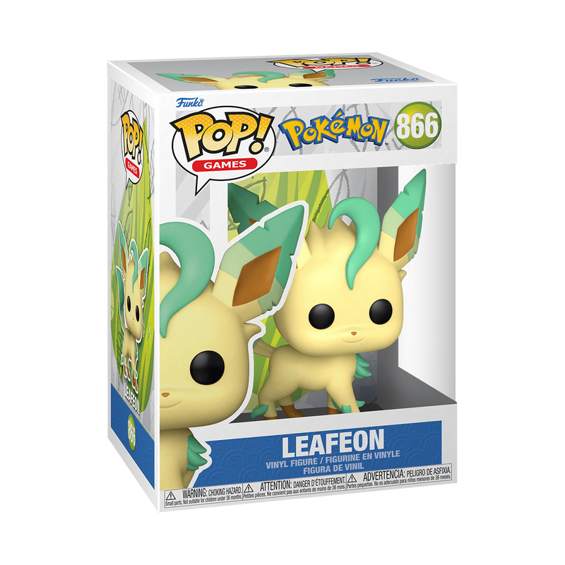 The Funko POP: Leafeon - 866 by Funko is a vinyl figure featuring Leafeon, a Pokémon with yellow-cream fur, green leafy ears and tail, large black eyes, a small smile, and standing on all four legs.