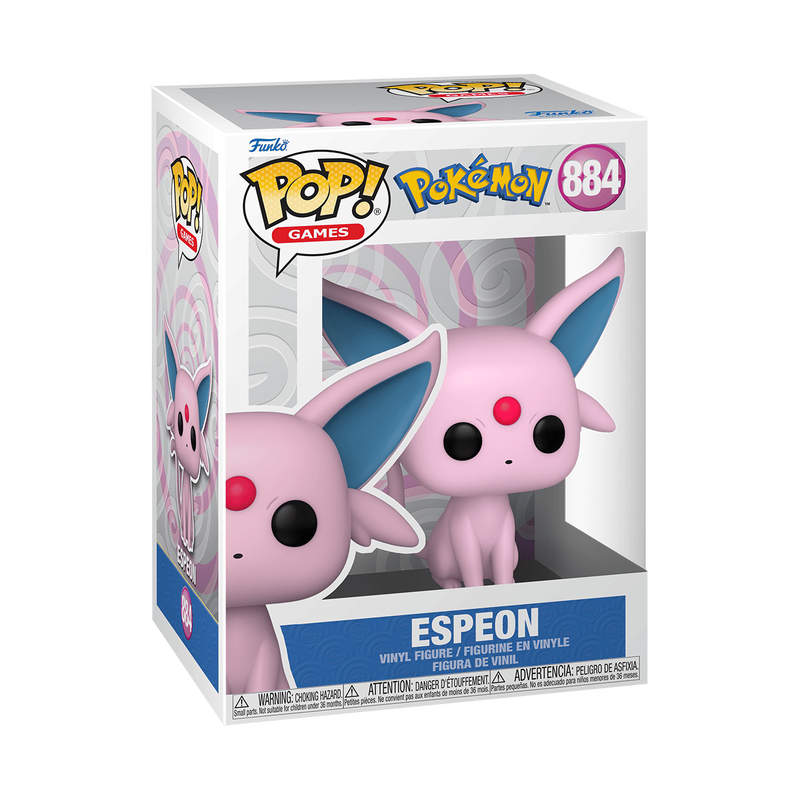 A Funko POP! Pokemon: Espeon - #884 vinyl figure by Funko, featuring Espeon—a pink, cat-like Pokémon with large blue ears, a red gem on its forehead, black eyes, and a curled tail—sitting upright against a white background.