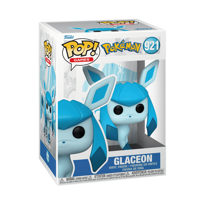 Bring home the Funko POP! Pokemon: Glaceon - #921 vinyl figure by Funko, featuring the charming light blue, fox-like Pokémon with large ears, dark blue diamond-shaped accents, and big black eyes standing on all fours—a must-have for any Eeveelutions Pokémon figurine collection.