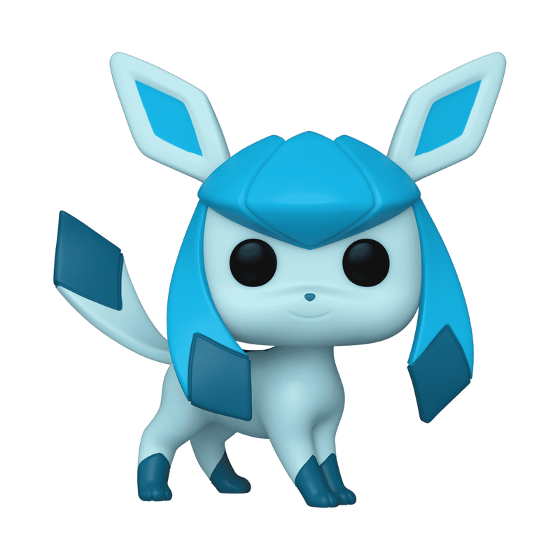 Bring home the Funko POP! Pokemon: Glaceon - #921 vinyl figure by Funko, featuring the charming light blue, fox-like Pokémon with large ears, dark blue diamond-shaped accents, and big black eyes standing on all fours—a must-have for any Eeveelutions Pokémon figurine collection.