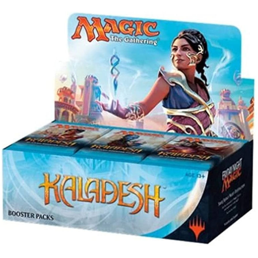 The Magic the Gathering: Kaladesh Booster Display by Wizards of the Coast includes 36 booster packs and features vivid artwork of a female character with gears and cityscapes, plus Magic: The Gathering and Kaladesh logos.