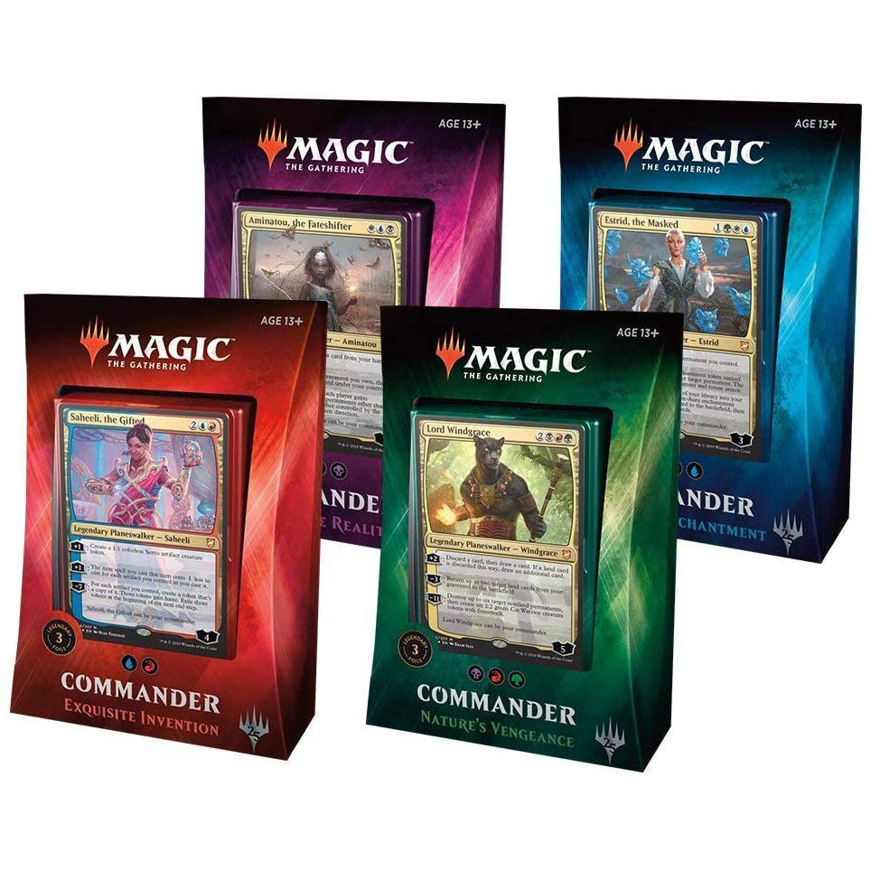The Wizards of the Coast Magic the Gathering: Commander 2018 - Commander Deck Bundle features four boxed decks, each with distinct red, green, blue, or multicolor packaging and visible foil commander cards on the front.
