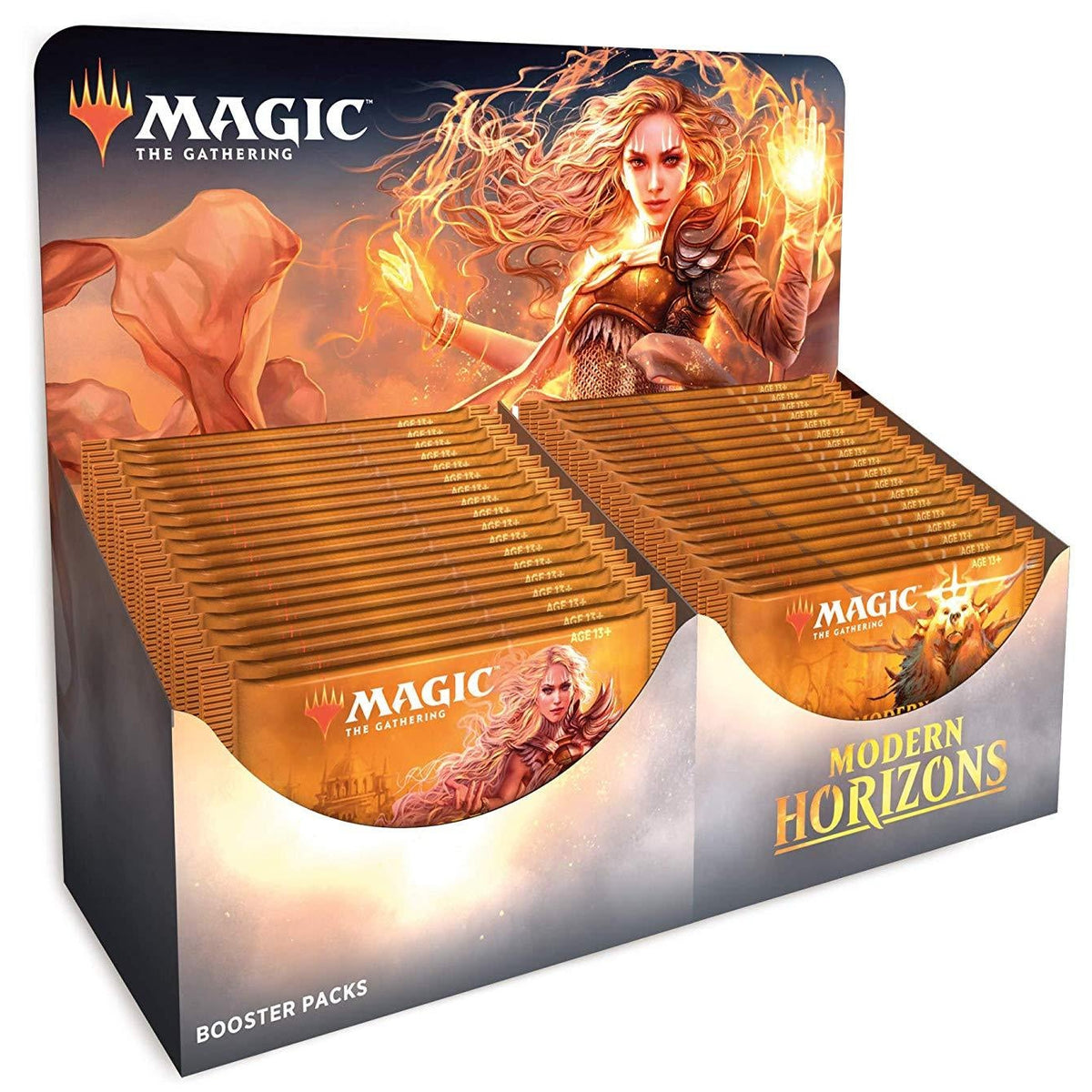 The Magic the Gathering: Modern Horizons Booster Display by Wizards of the Coast features striking fantasy art of a powerful woman with flowing hair and fiery orange packaging.