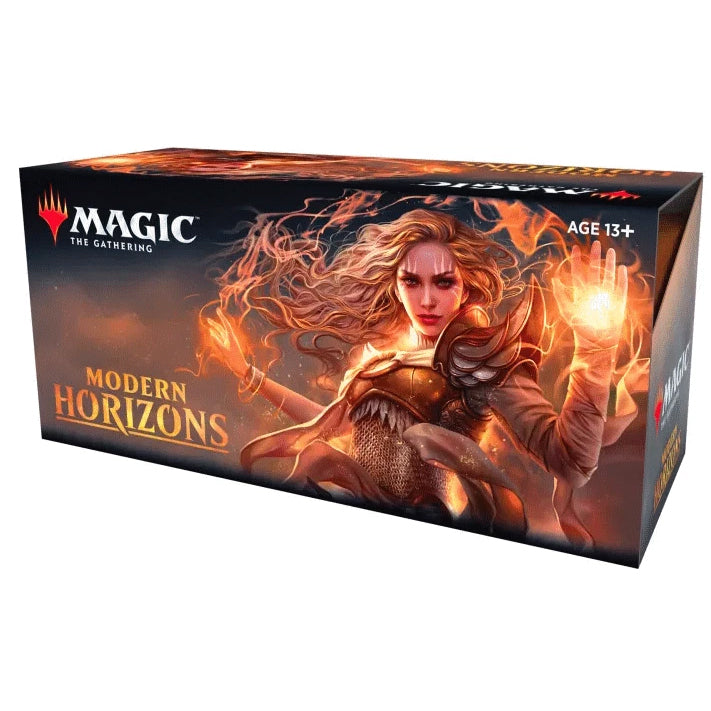 The Magic the Gathering: Modern Horizons Booster Display by Wizards of the Coast features striking fantasy art of a powerful woman with flowing hair and fiery orange packaging.