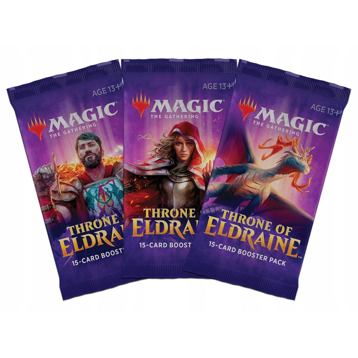 The Magic the Gathering: Throne of Eldraine Booster Pack by Wizards of the Coast contains 15 cards and is recommended for ages 13+, featuring fantasy-themed packaging.
