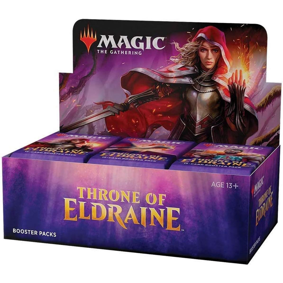 The Magic the Gathering: Throne of Eldraine Booster Display by Wizards of the Coast features fantasy art of an armored female warrior in a red cloak on its purple and gold box, containing Draft Boosters for fans and collectors.
