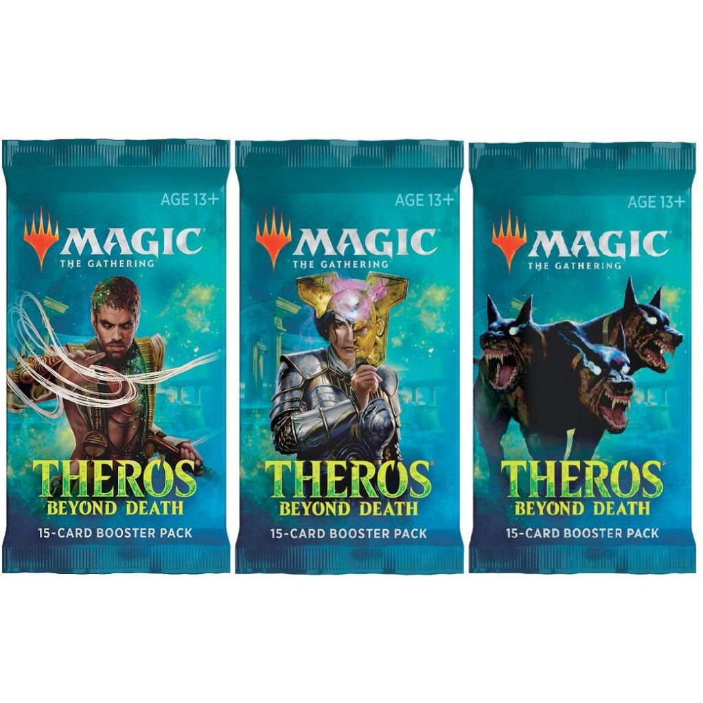 The Magic the Gathering: Theros Beyond Death Booster Pack by Wizards of the Coast features a warrior in armor with a glowing mask, showcases the Escape mechanic, and displays AGE 13+ at the top right on its magical background.