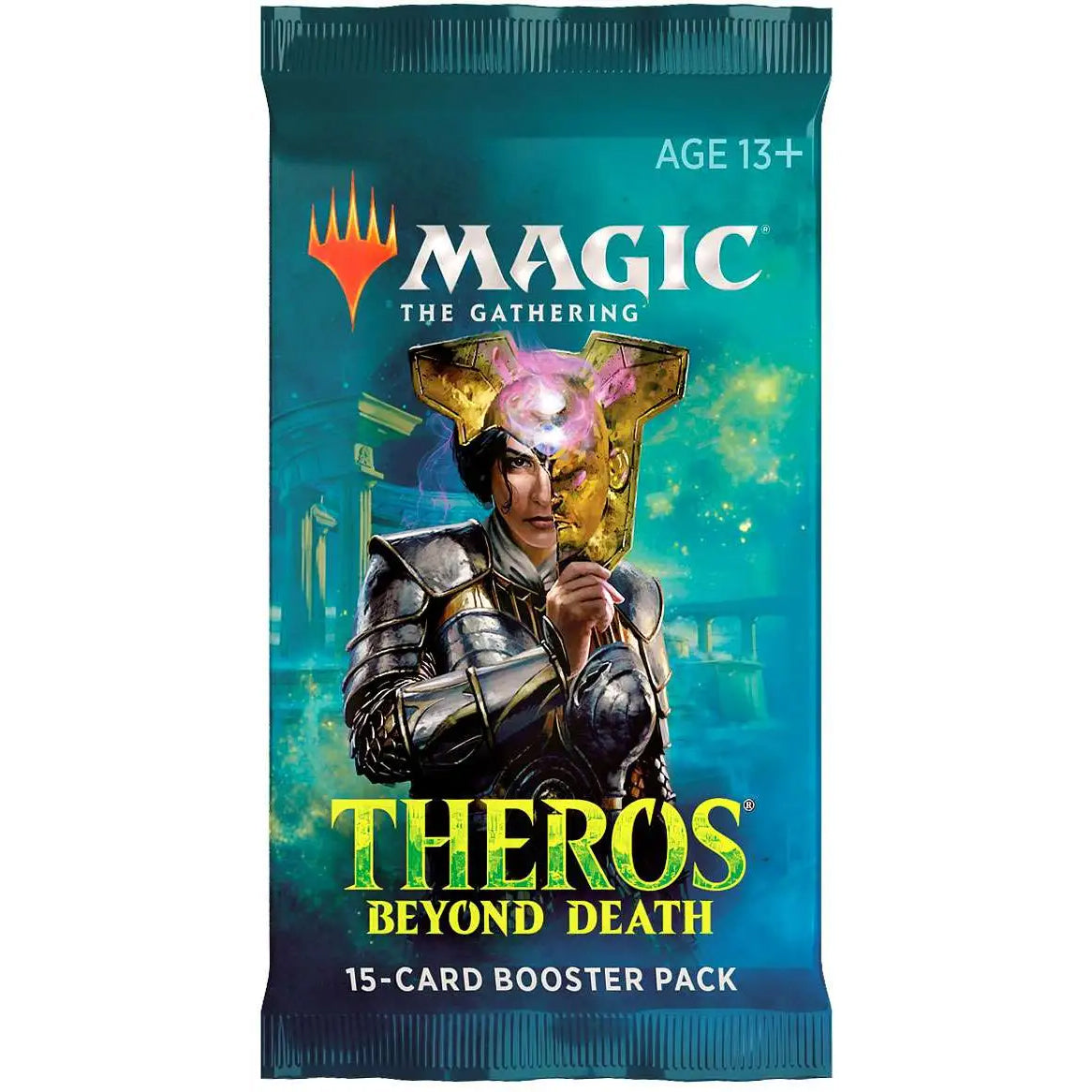 The Magic the Gathering: Theros Beyond Death Booster Pack by Wizards of the Coast features a warrior in armor with a glowing mask, showcases the Escape mechanic, and displays AGE 13+ at the top right on its magical background.