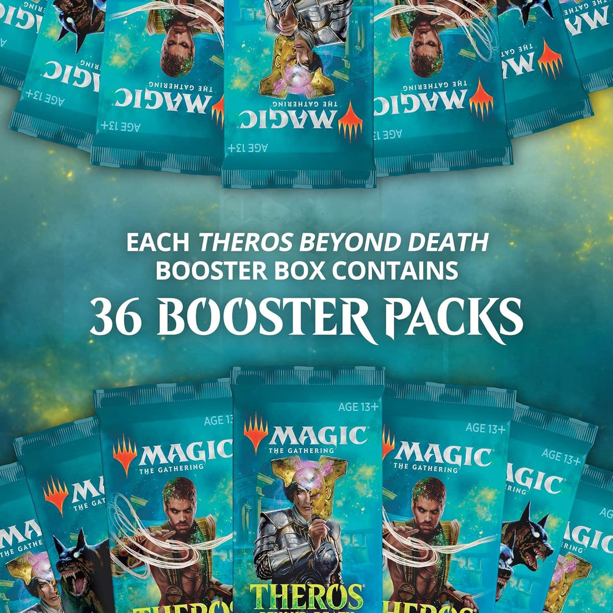 The Magic the Gathering: Theros Beyond Death Booster Display by Wizards of the Coast features fantasy artwork of a warrior with a golden mask in blue and gold tones, with the set title prominently displayed.