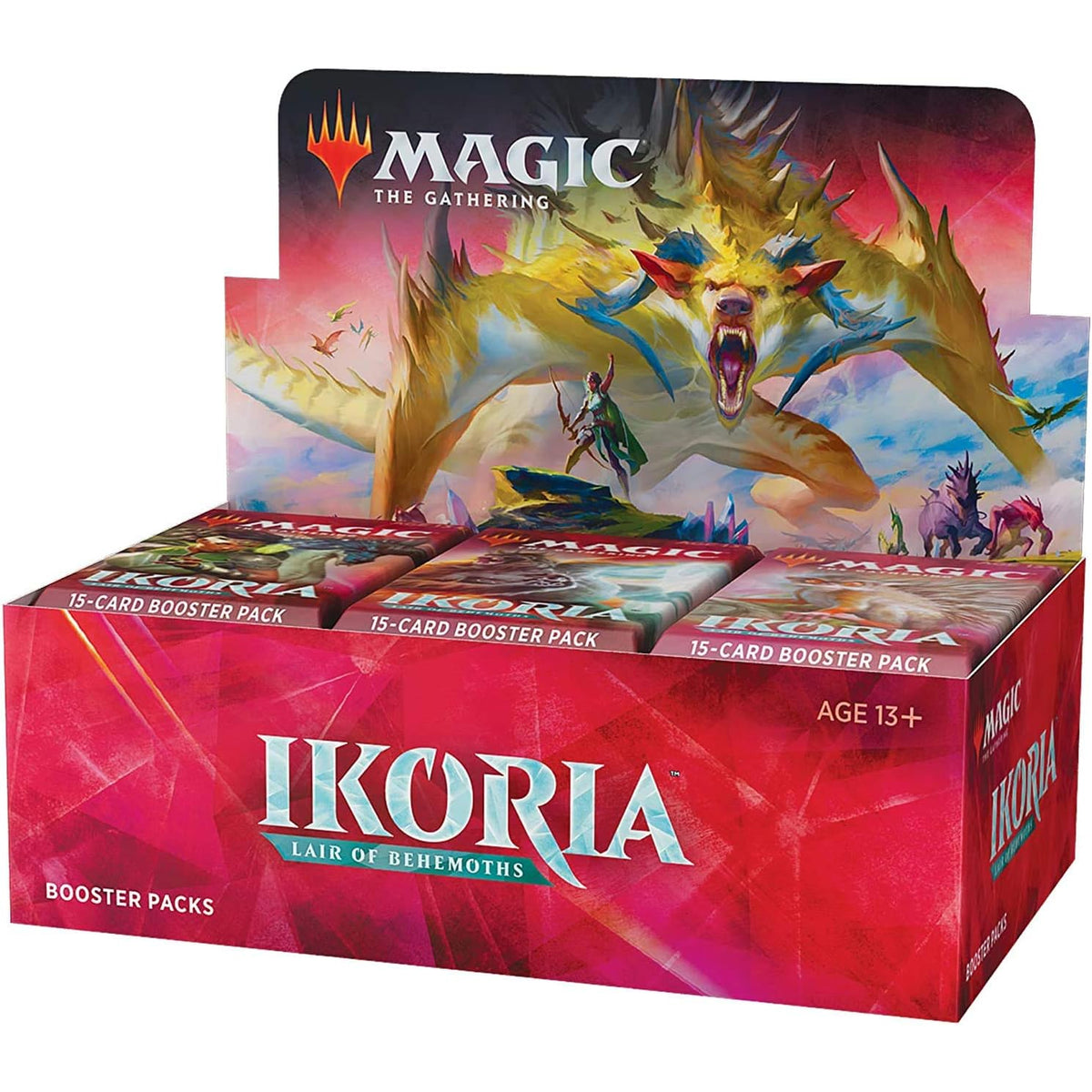 The Magic the Gathering: Ikoria: Lair of Behemoths Hunt Booster Display by Wizards of the Coast features striking fantasy artwork and includes multiple unopened booster packs arranged inside the display box.