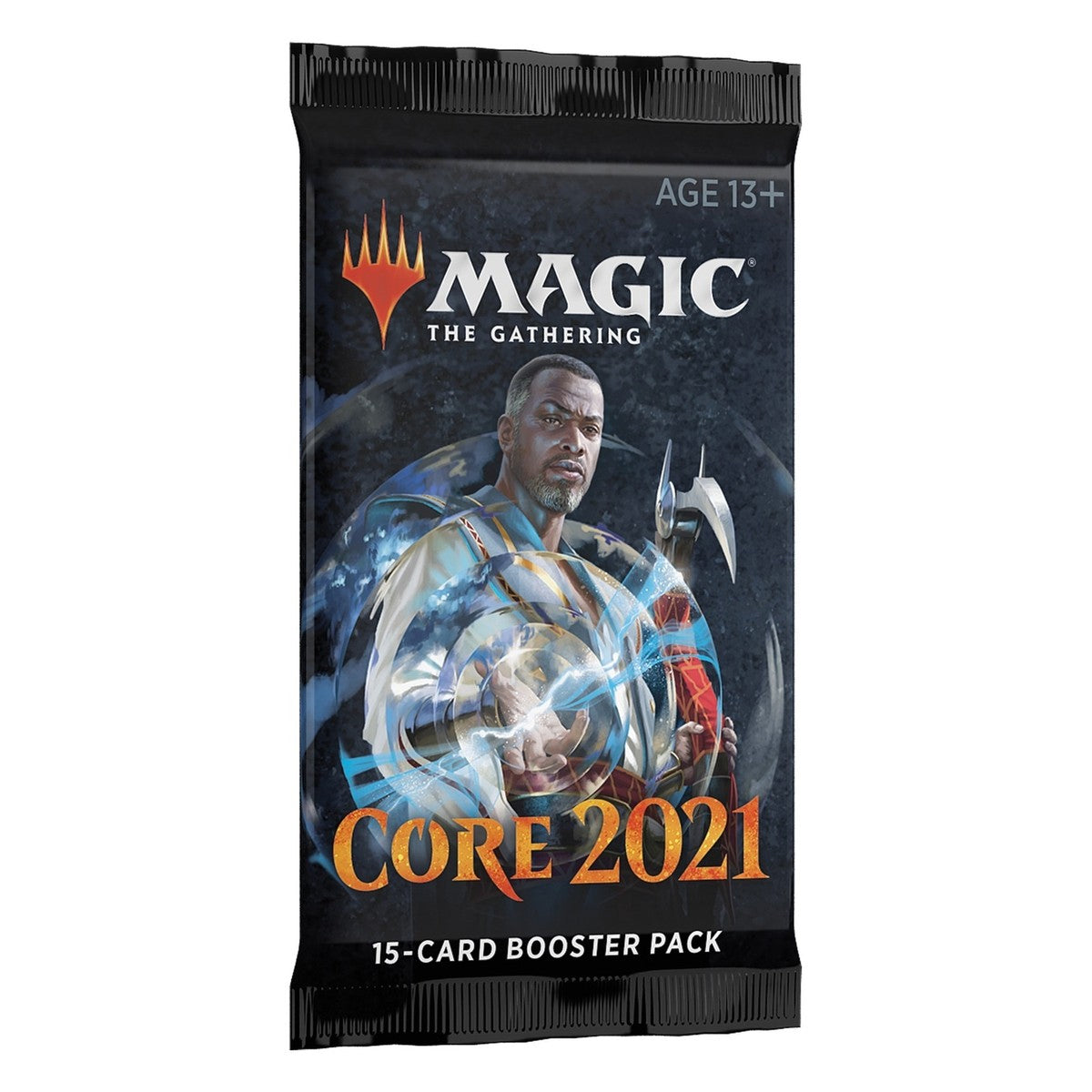The Wizards of the Coast Magic the Gathering: Core Set 2021 Booster Pack contains 15 cards and features a male character with blue energy rings. Labeled AGE 13+, it's perfect for expanding your card collection.