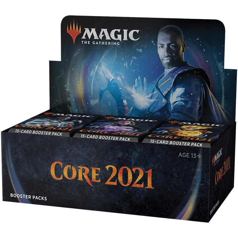 The Wizards of the Coast Magic the Gathering: Core Set 2021 Booster Display features a blue-armored, glowing-magic character and displays “Core 2021” and “Booster Packs” text on the box.