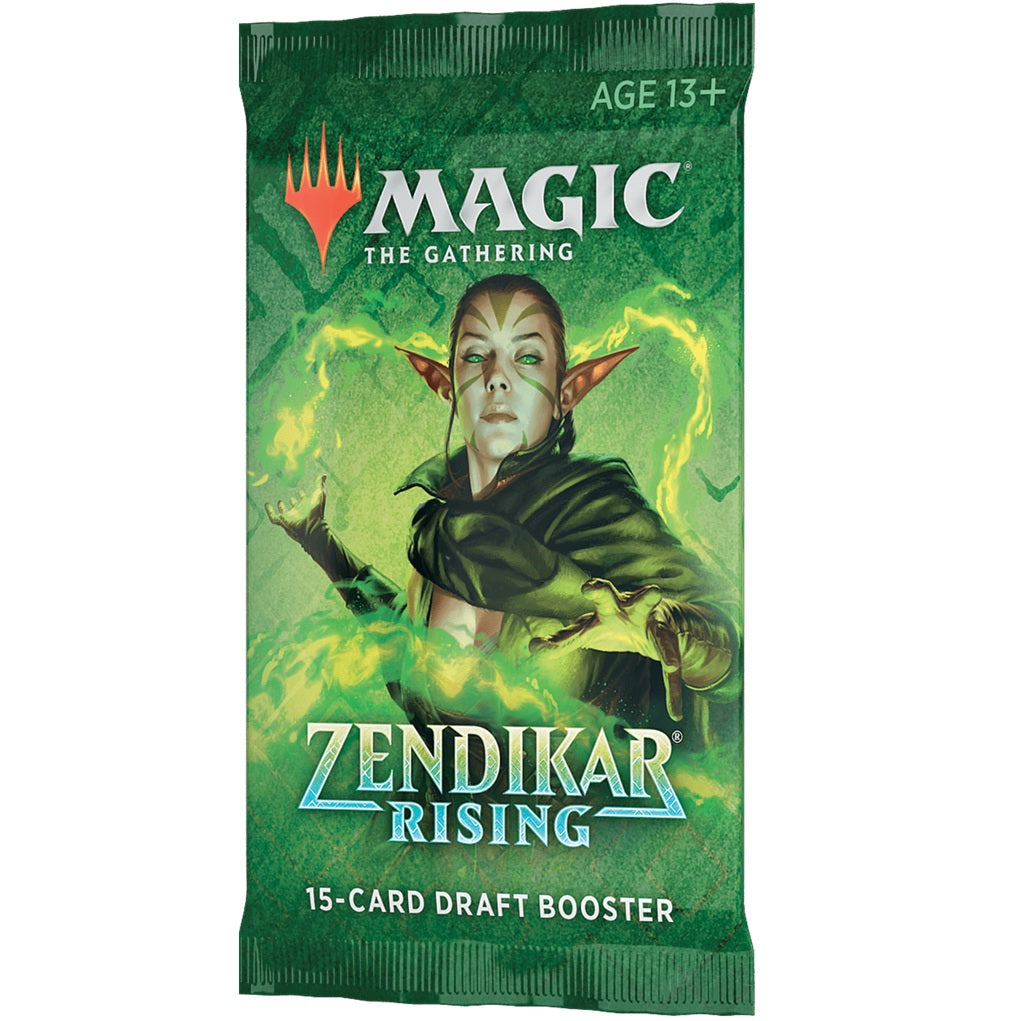 The Wizards of the Coast Magic the Gathering: Zendikar Rising Draft Booster Pack features set branding on a green background and contains 15 cards. Suitable for ages 13+.