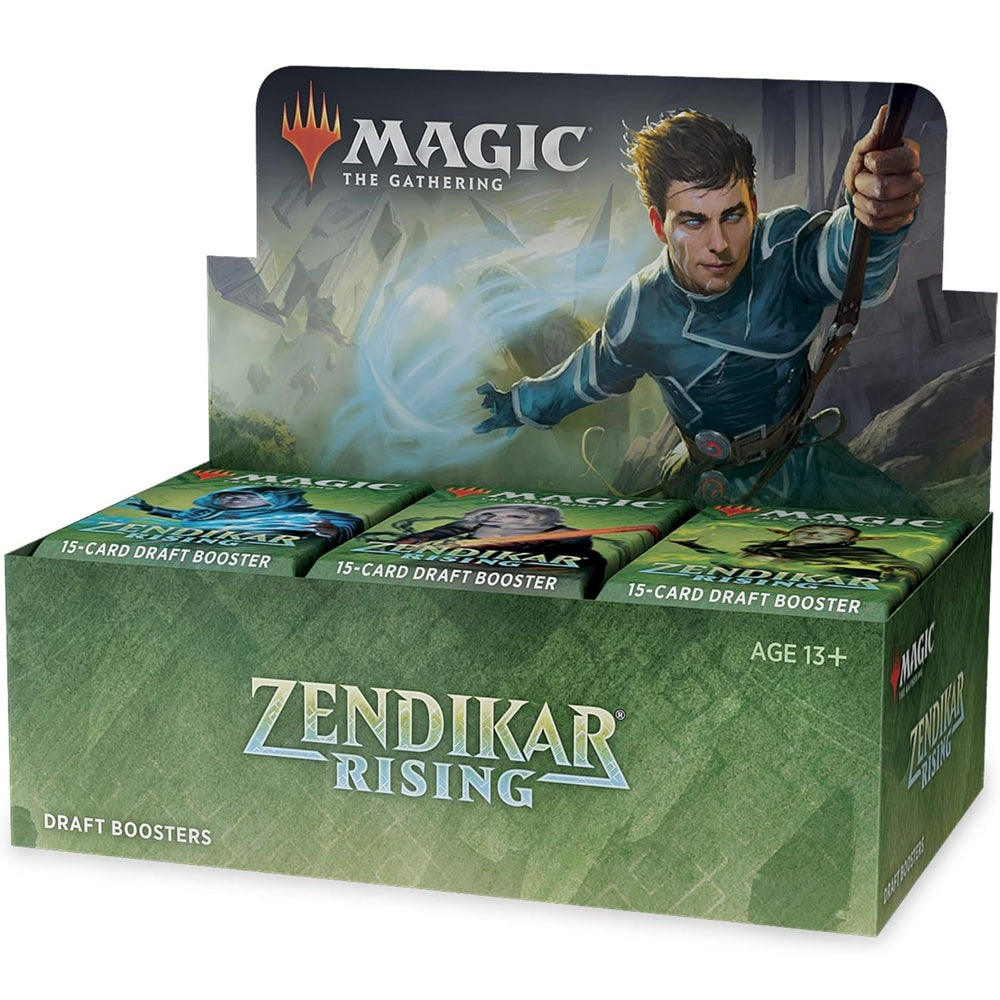 The Magic the Gathering: Zendikar Rising Draft Booster Display by Wizards of the Coast features fantasy artwork, is ideal for draft or sealed play, and is labeled for ages 13 and up.