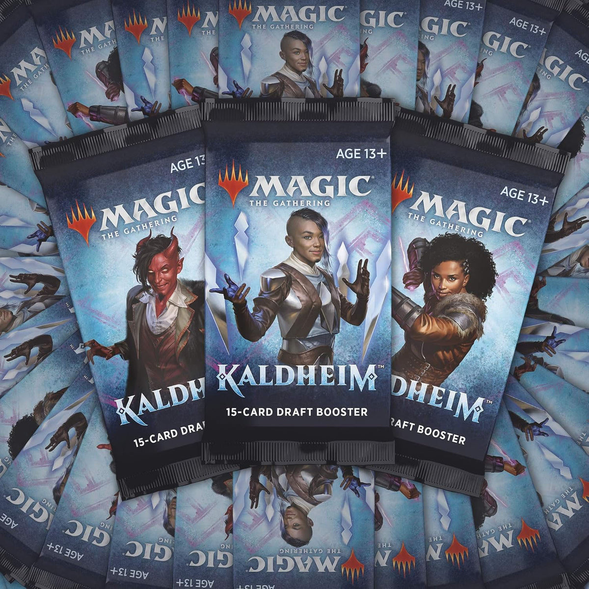 The Magic the Gathering: Kaldheim Draft Booster Display by Wizards of the Coast, inspired by nordic mythology, features a warrior with a glowing axe and shield and includes multiple booster packs; for ages 13+.