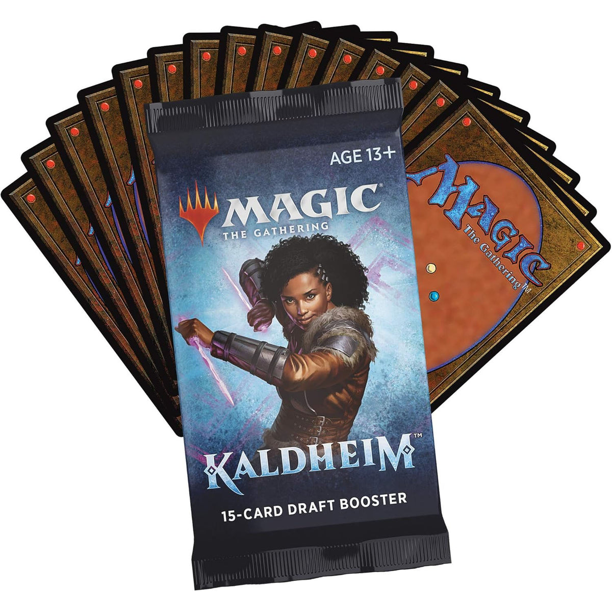 The Magic the Gathering: Kaldheim Draft Booster Display by Wizards of the Coast is showcased before several fanned-out cards, echoing Nordic mythology with their distinctive brown and blue card backs.