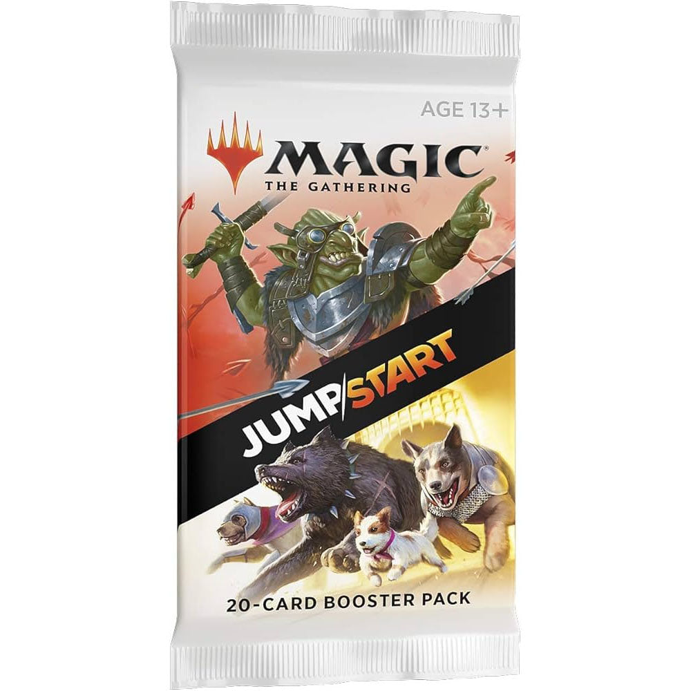 A sealed Wizards of the Coast Magic the Gathering: Jumpstart Booster Pack with fantasy goblin and dogs art, AGE 13+, JUMPSTART, and 20-CARD BOOSTER PACK on the packaging—ideal for quickly building a themed mini-deck.