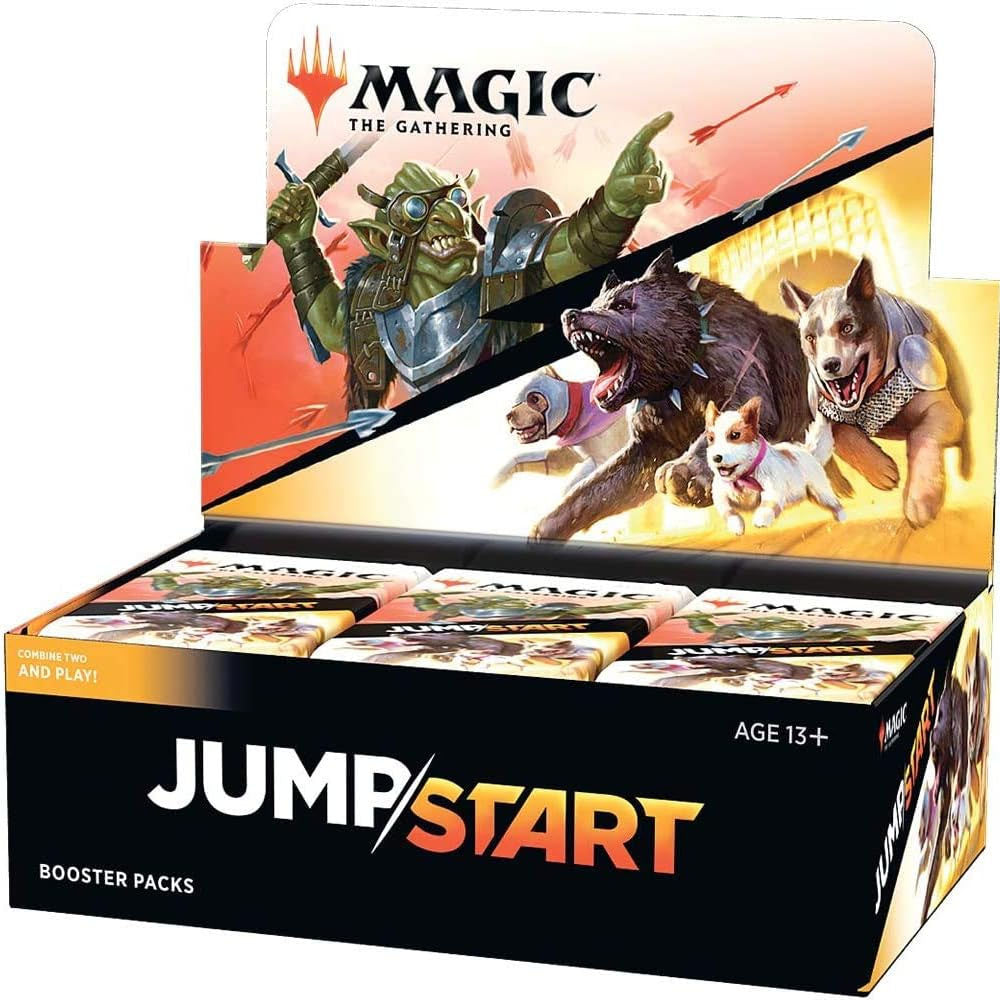 The Magic the Gathering: Jumpstart Booster Display by Wizards of the Coast features fantasy art with goblins, wolves, and dogs in action—an ideal addition for collectors seeking unique Magic kort.