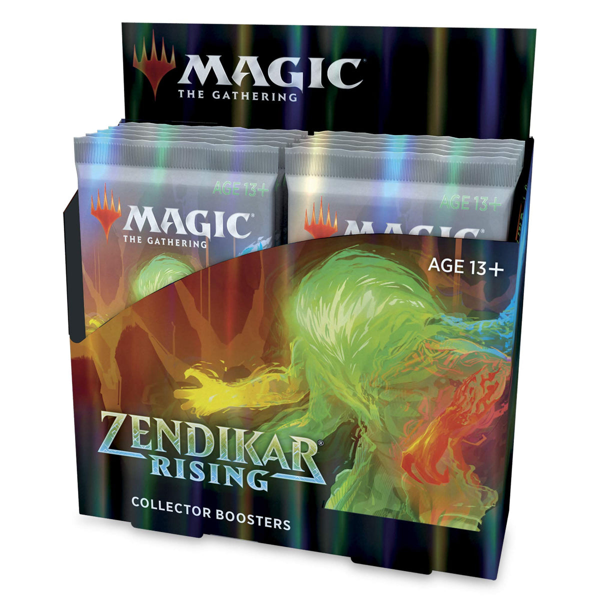 The Magic the Gathering: Zendikar Rising Collector Booster Display by Wizards of the Coast features vibrant fantasy artwork and is labeled AGE 13+. Each display includes booster packs with premium foil cards for collectors and players.