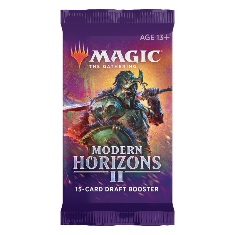 A sealed Magic the Gathering: Modern Horizons II Draft Booster pack by Wizards of the Coast, featuring fantasy armor artwork and bold white and orange text on the front.