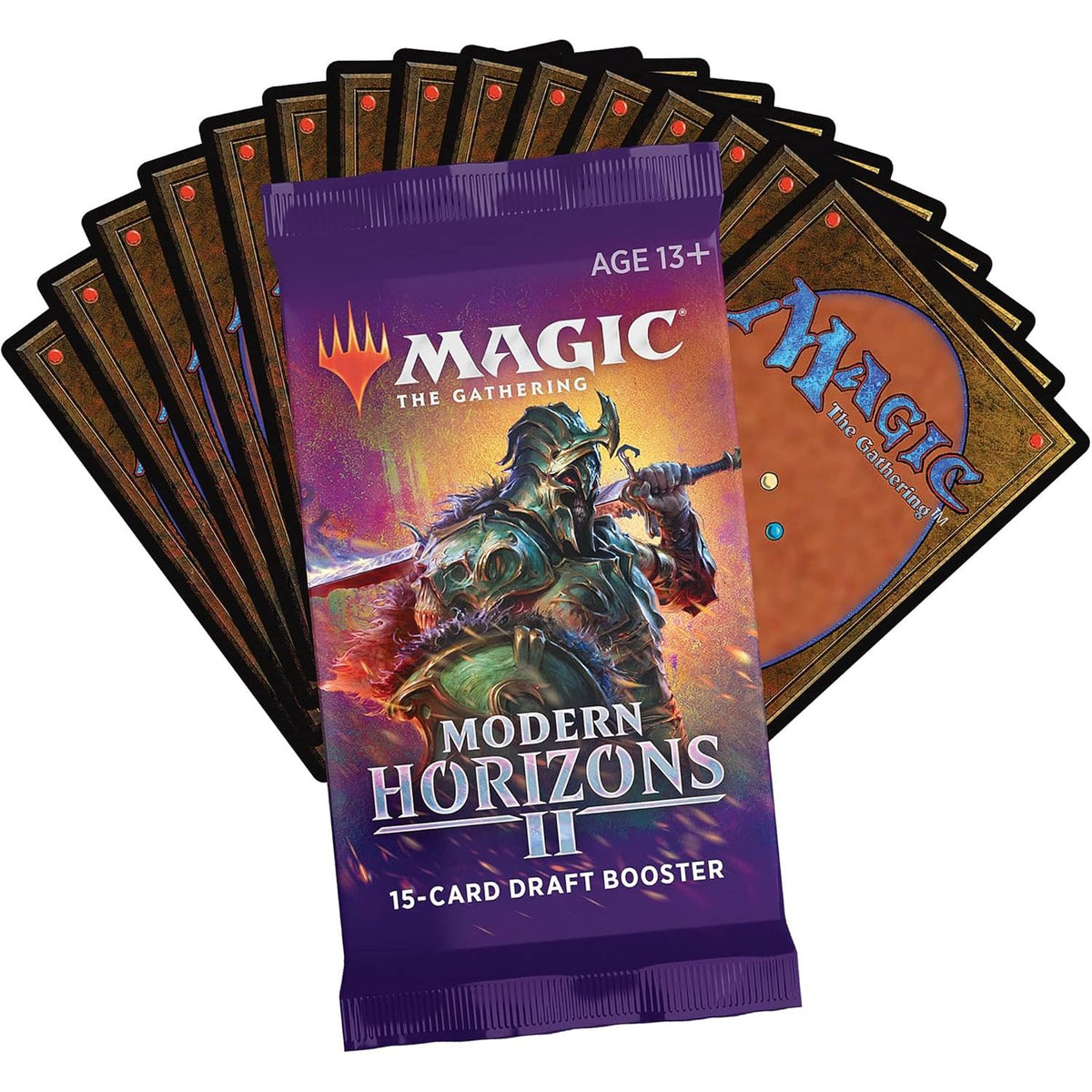 A Wizards of the Coast Magic the Gathering: Modern Horizons II Draft Booster Display sits before a fanned stack of card backs, featuring fantasy art and labeled for ages 13+, each booster containing 15 cards.
