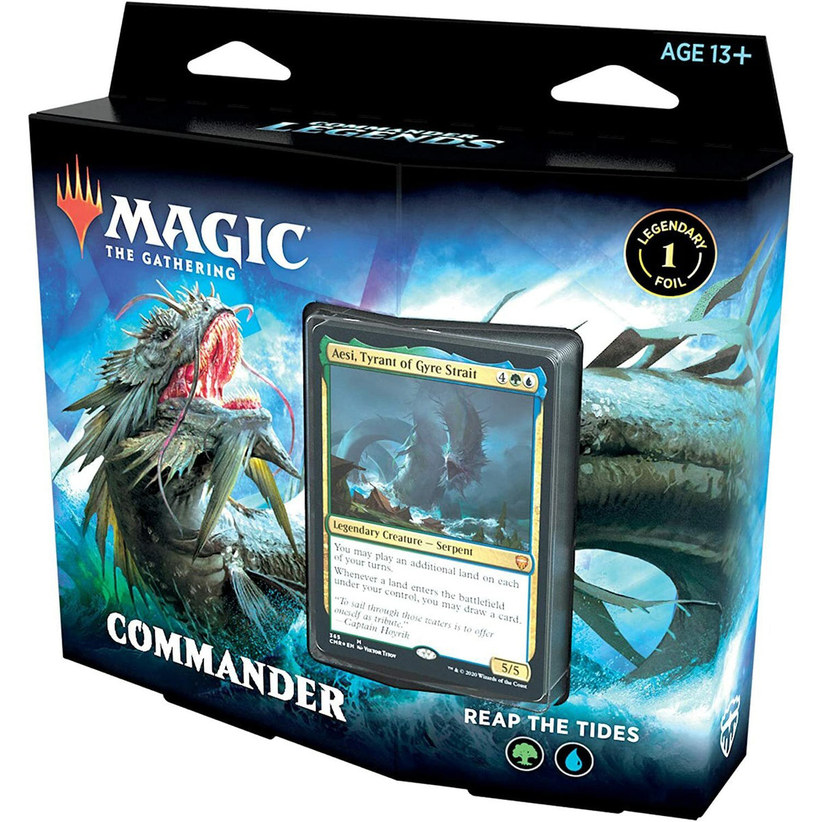 The Magic the Gathering: Commander Legends Reap The Tides - Commander Deck by Wizards of the Coast features legendary Serpent Aesi, Tyrant of Gyre Strait, in ocean-themed packaging and is recommended for ages 13 and up.