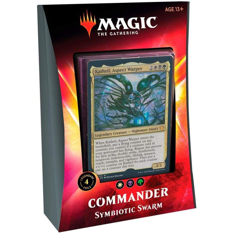 A Wizards of the Coast Magic: The Gathering Commander 2020 (Ikoria: Lair of Behemoths) - Commander Deck Bundle includes a preconstructed deck in red and black COMMANDER: Symbiotic Swarm packaging, recommended for ages 13+.