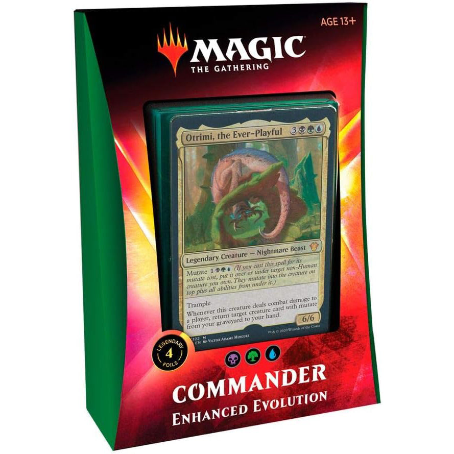 The Wizards of the Coast Magic the Gathering: Commander 2020 (Ikoria: Lair of Behemoths) - Commander Deck Bundle features preconstructed decks in green and red packaging with age 13+ labeling and game logos.