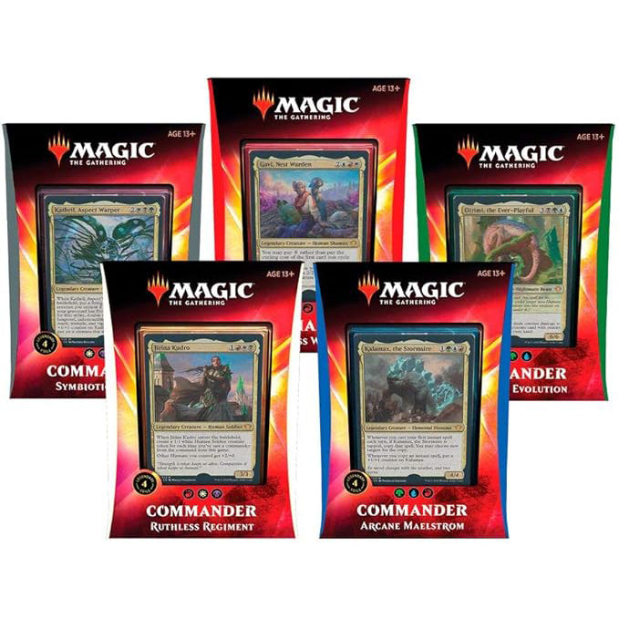 The Magic the Gathering: Commander 2020 (Ikoria: Lair of Behemoths) - Commander Deck Bundle by Wizards of the Coast includes five preconstructed decks featuring bold artwork and titles.