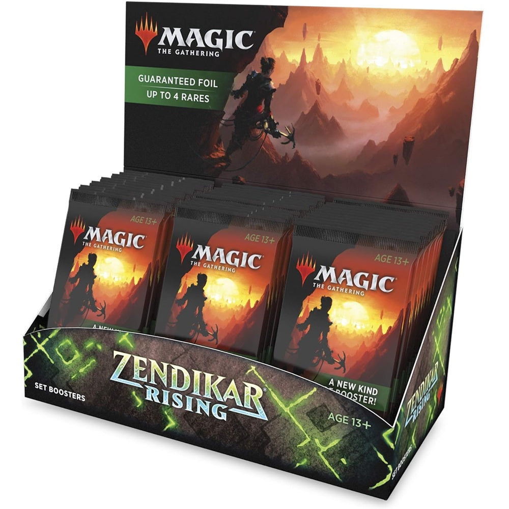 Wizards of the Coast Magic the Gathering: Zendikar Rising Set Booster Display features booster packs with striking cliffside art and the Zendikar Rising logo—ideal for collectors seeking standout value.