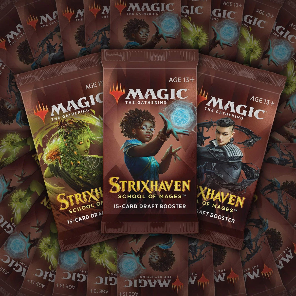 The Magic the Gathering: Strixhaven School of Mages Draft Booster Display by Wizards of the Coast features fantasy spellcasters and the Strixhaven logo. Includes draft boosters; suitable for ages 13+.