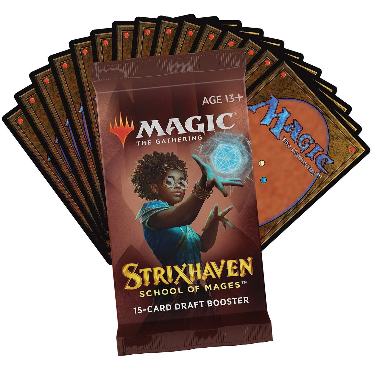 A Wizards of the Coast Magic the Gathering: Strixhaven School of Mages Draft Booster Display pack is shown before a spread of Magic cards, with artwork depicting a young mage casting a spell.