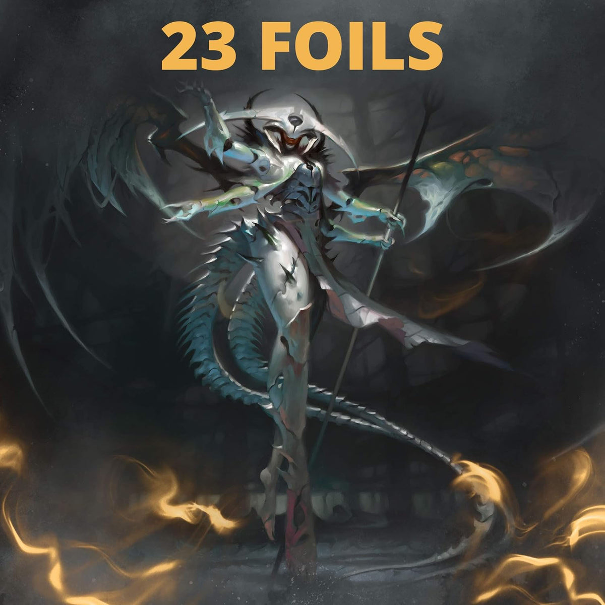 A menacing armored creature with a staff stands amid swirling light beneath “23 FOILS.” Ideal for any Wizards of the Coast Magic the Gathering: Double Masters VIP Edition Pack foil kort collection.