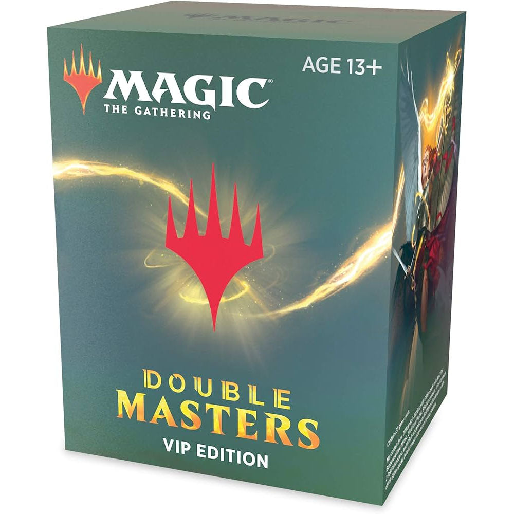 The Magic the Gathering: Double Masters VIP Edition Pack by Wizards of the Coast features the set logo, red Planeswalker symbol, and 13+ age label on a dark green background with gold accents—ideal for premium foil kort fans.