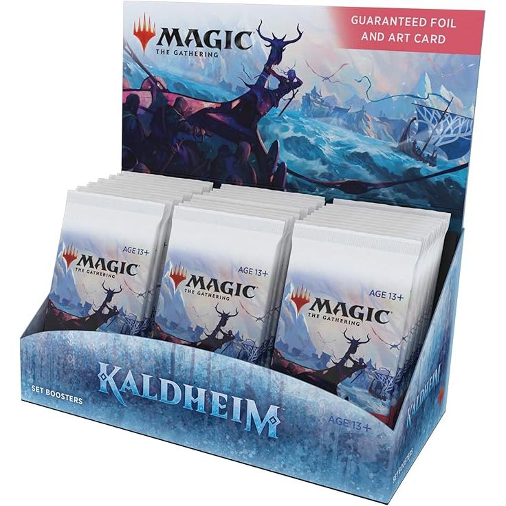 The Magic the Gathering: Kaldheim Set Booster Display by Wizards of the Coast features unopened boosters with nordic fantasy art and icy blue packaging, each pack guaranteeing a foil and an art card inside.