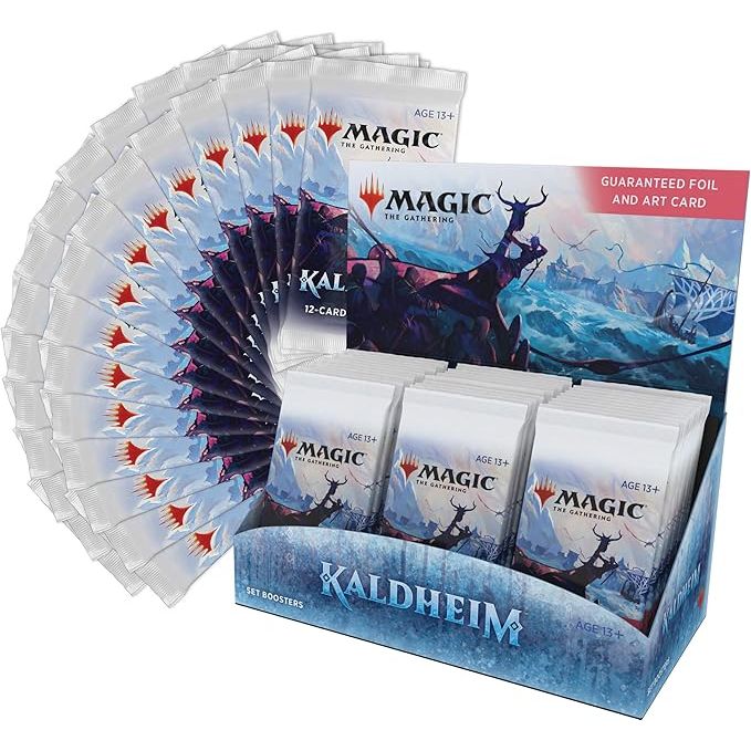The Magic the Gathering: Kaldheim Set Booster Display by Wizards of the Coast features unopened boosters with nordic fantasy art and icy blue packaging, each pack guaranteeing a foil and an art card inside.
