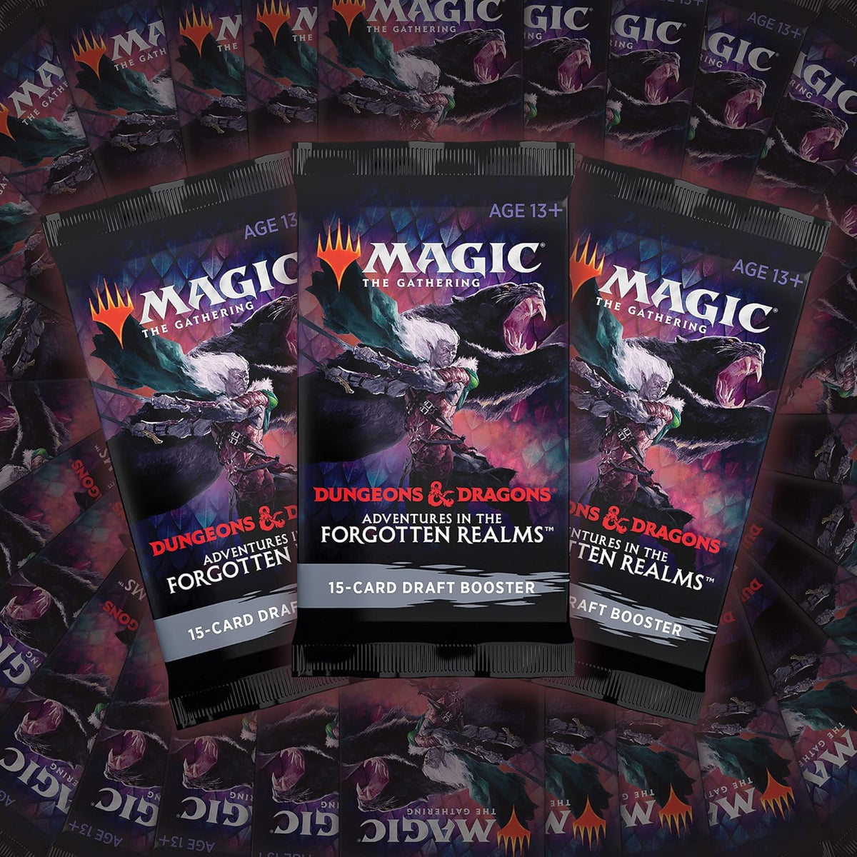 The Wizards of the Coast Magic the Gathering: D&D Adventures in the Forgotten Realms Draft Booster Display features fantasy artwork of a warrior facing a dragon.