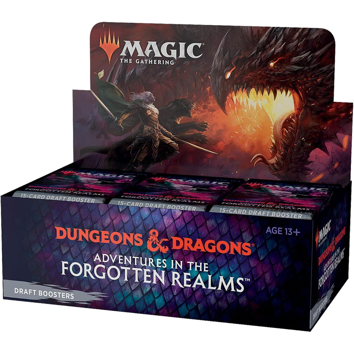 The Wizards of the Coast Magic the Gathering: D&D Adventures in the Forgotten Realms Draft Booster Display features fantasy artwork of a warrior facing a dragon.