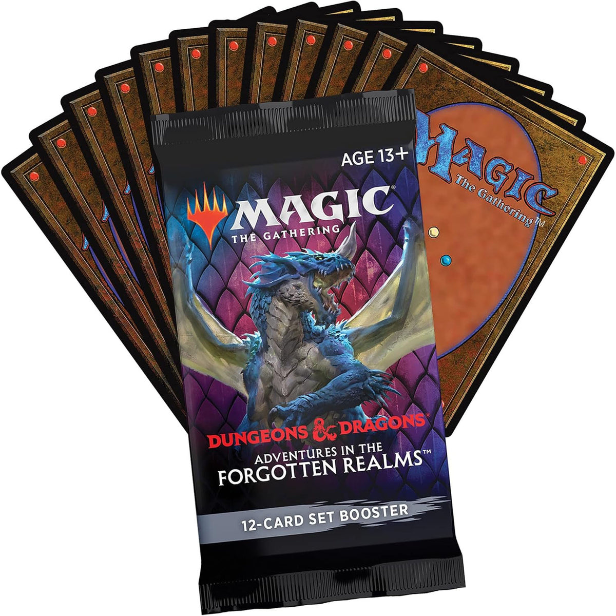 The Magic the Gathering: D&D Adventures in The Forgotten Realms Set Booster Display by Wizards of the Coast features fantasy artwork of dragons and adventurers, inspired by Adventures in the Forgotten Realms.
