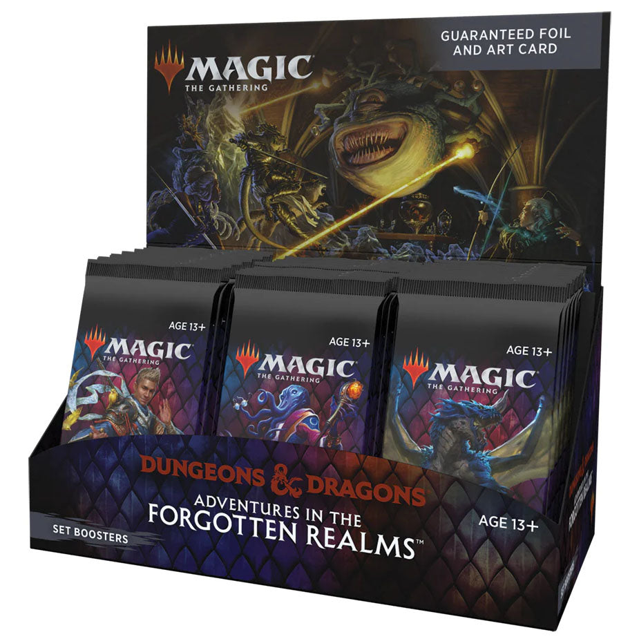 The Magic the Gathering: D&D Adventures in The Forgotten Realms Set Booster Display by Wizards of the Coast features fantasy artwork of dragons and adventurers, inspired by Adventures in the Forgotten Realms.