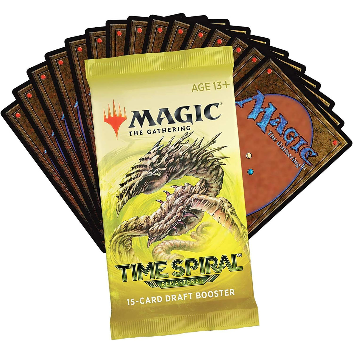 A Wizards of the Coast Magic the Gathering: Time Spiral Remastered Draft Booster Display is positioned in front of several fanned-out Magic: The Gathering cards with their card backs visible.