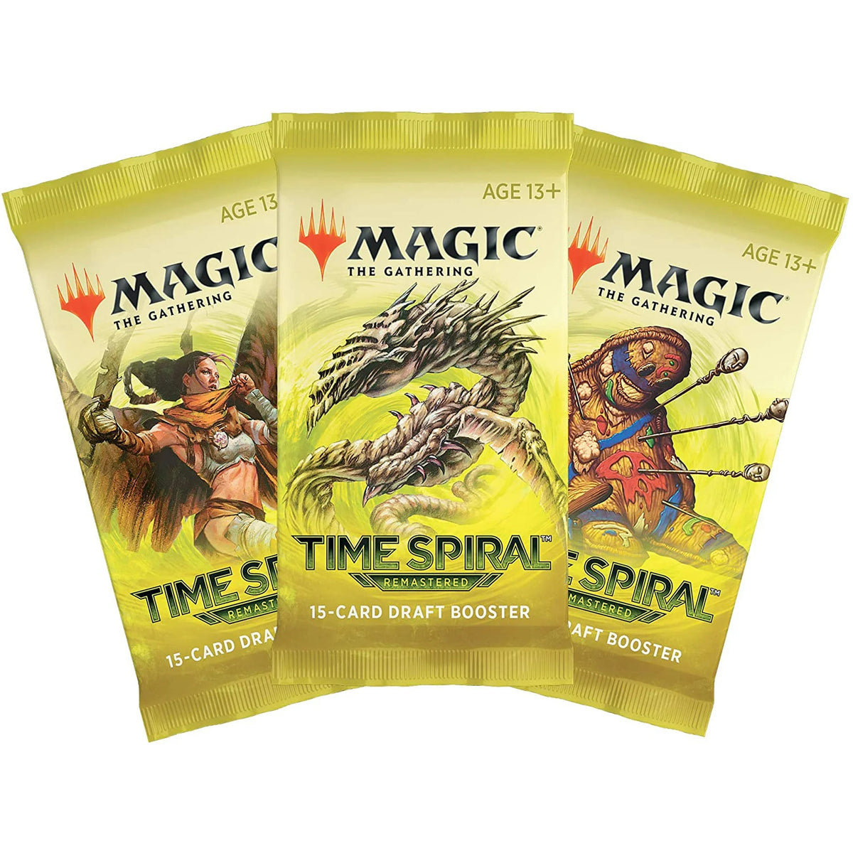 The Magic the Gathering: Time Spiral Remastered Draft Booster Pack by Wizards of the Coast features old border reprints, a spiky coiled creature on a yellow background, AGE 13+, and the Magic: The Gathering logo.