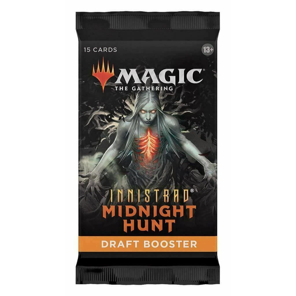 The Magic the Gathering: Innistrad Midnight Hunt Draft Booster Display by Wizards of the Coast features cover art of a snarling werewolf with glowing eyes and sharp claws.